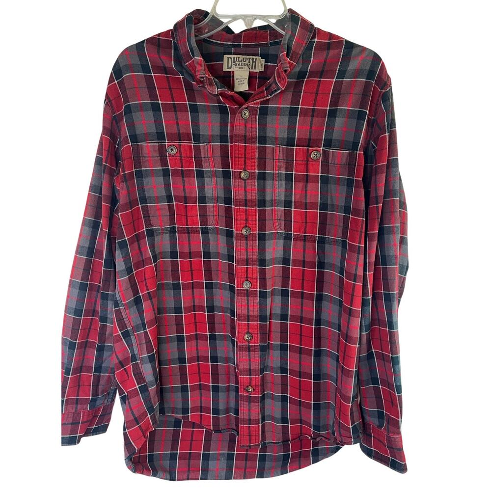 Duluth Trading Co men's plaid button down shirt, 100% cotton, red/gray, size L
